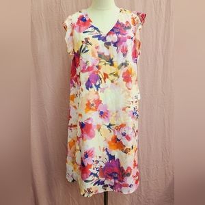 R&K V-Neck Flutter Sleeve Chiffon Shift Floral Dress-(12) NEW